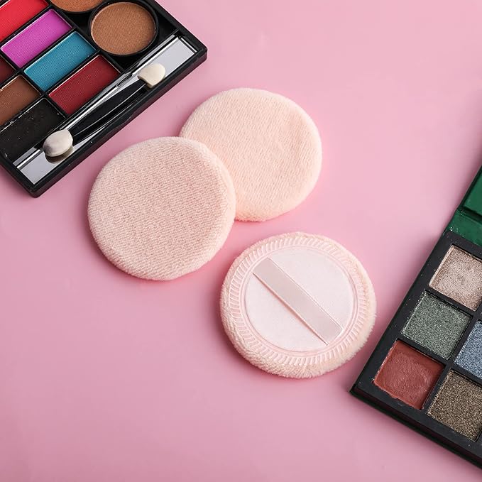 Sibba Loose Powder Make Up Puff 12 Pieces Round Velour Face Makeup Compact Body Container Setting Pressed Blending Foundation Cream Make Up Ribbon Strap Sponge Cushion Applicator (Skin Color)