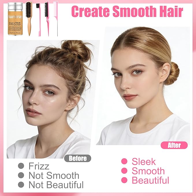 4 Pcs Boar Bristle Slick Back Hair Brush Comb with Hair Wax Stick and 500 Elastic Hairs Bands for Women Men Sectioning, Parting