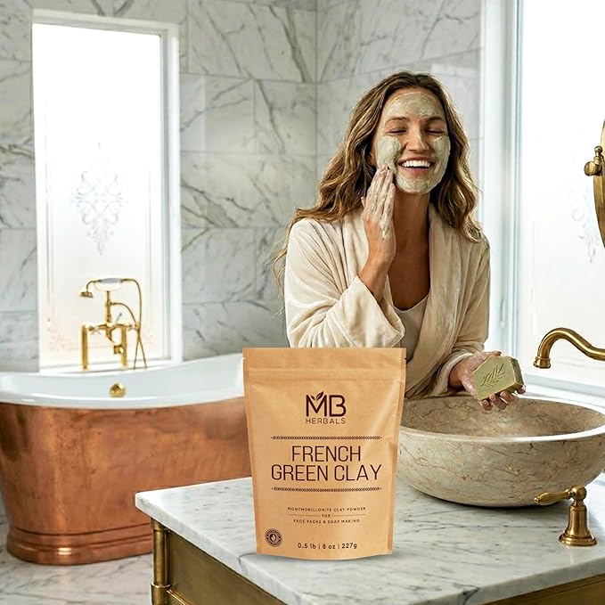 MB Herbals French Green Clay 8 oz | 0.5 lb / 227 Gram | 100% Pure Montmorillonite Clay | Absorbs Excess Oil | Detoxifies Skin | Recommended For Oily Skin | No Chemical Preservatives