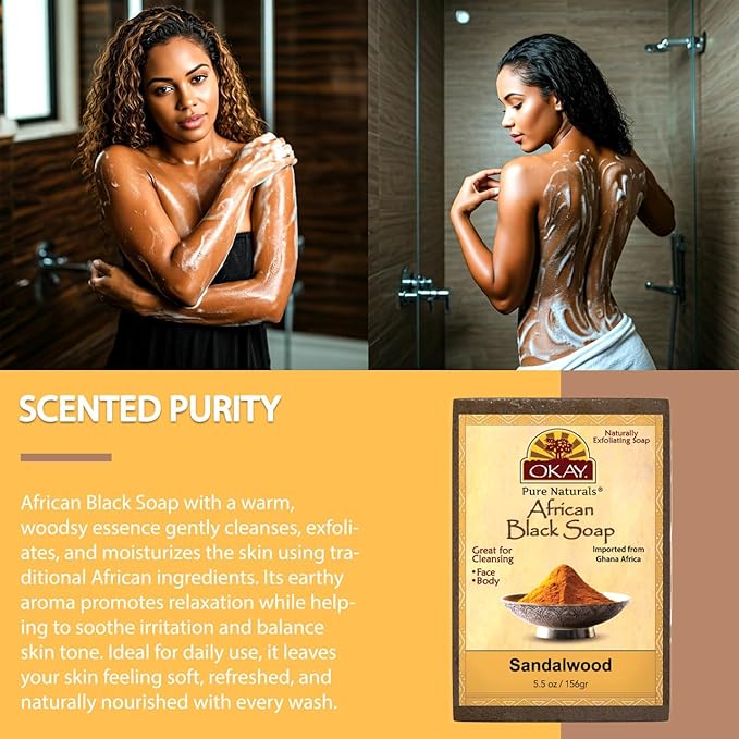 OKAY | African Black Soap with Sandlewood | For All Skin Types | Cleanses and Exfoliates | Nourishes and Heals | Free of Sulfate, Silicone & Paraben | 5.5 oz