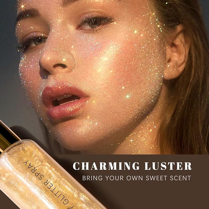 HOSAILY Body Glitter Spray, Holographic Body Shimmer Quick-Drying and Non-Sticky Duochrome Glitter Hairspray for Face Clothes, Sparkle Highlighter Makeup Festival Rave Accessories, Gold