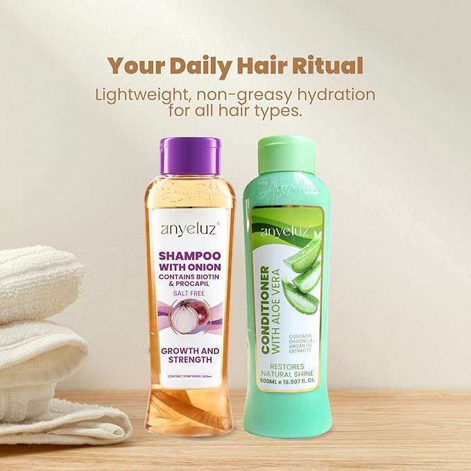 ANYELUZ Onion Shampoo and Aloe Conditioner Set, Strength and Hydration for your Hair, With Onion Extract, Biotin and Argan Oil, Cleanses Deeply and Provides Hydration