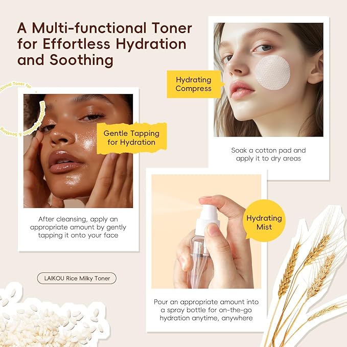 Rice Toner, Natural Rice Essence, Rice Water Deep Hydration, Non-Greasy, Soothing & Moisturizing Facial Toner, Korean Skin Care Toner Suitable for All Skin Types 100ml (3.38fl.oz.)