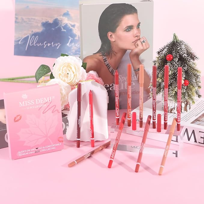 Miss Demi 12 Colours Sculpting Matte Velvet Lip Liner Set, Creamy Velvet Pigmented Lip Liner, Matte Set Makeup Soft Pencils for Women (12 Pcs)