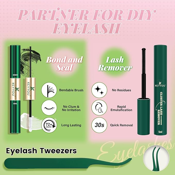 KEYYOU Aurora Lash Clusters Kit Fairy Lash Extension Kit C Curl 120Pcs Eyelash Extension Kit Wispy Natural Invisible Band Lash Kit with Waterproof DIY Lash Extension Kit at Home(Aurora-C-8-16MIX)