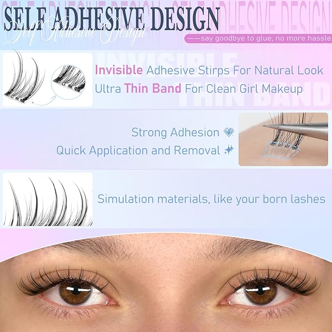 Self Adhesive Lash Clusters Natural Self Adhesive Eyelashes Wispy Pre glued Eyelash Clusters zanlufly No Glue Lashes 8-14mm Press on Eyelashes Natural Look DIY at Home