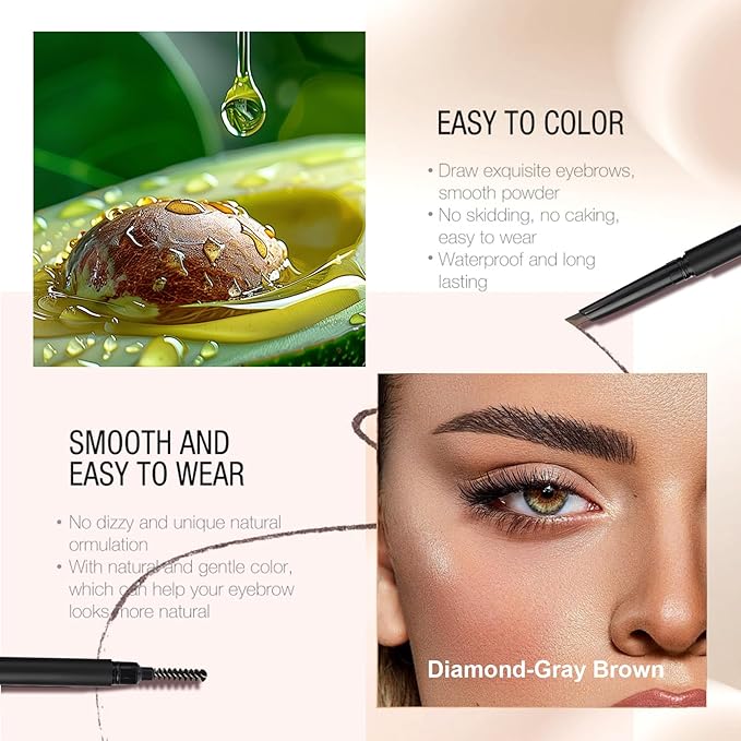 Eyebrow Pencil, Retractable Definer with Dual Brush, Ultra-Fine Tip for Precise Brow Makeup, Waterproof Gel Formula, Natural Hair-Like Strokes, Enhance Beauty (Gray Brown, Diamond)