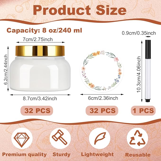 32 Pack 8 oz Plastic Tuscany Jars with Gold Lids, Body Butter Jars Clear Empty Refillable Round Cosmetic Containers with Labels Marker Pens for Creams, Lotions,Sugar Scrubs,Candy,Bath Salt