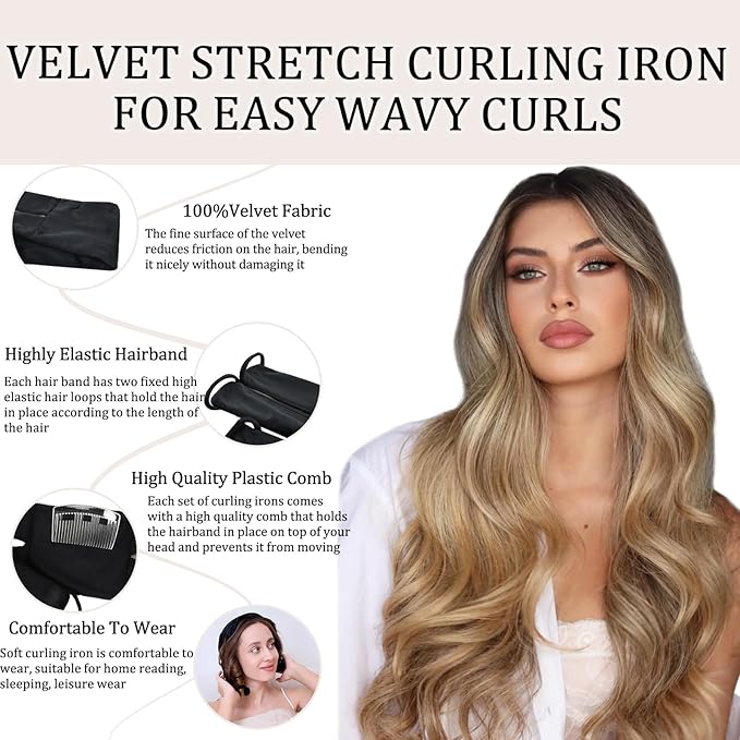 Overnight Heatless Curls,No Heat Hair Curlers to Sleep in, Soft Heatless Curling Ribbon Set with Clip Hair Rollers for Blowout Look Long Hair(Black)