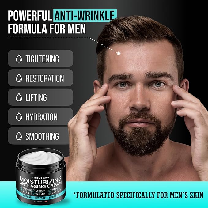 Mens Face Moisturizer Cream - Anti Aging & Wrinkle Face Cream - Mens Facial Moisturizer - Retinol, Collagen, Peptides, Vitamins E & A - Facial Skin Care - After Shave Lotion - Day & Night – 4 oz