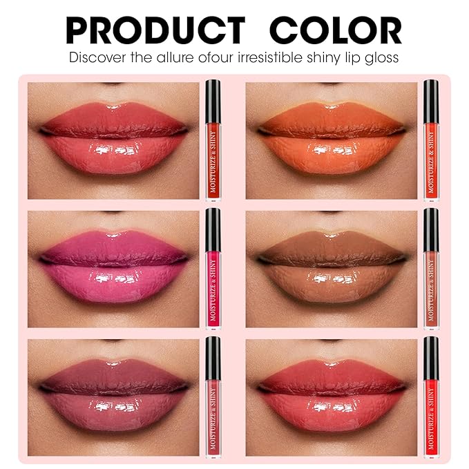 AZEN 6 Pack Lip Gloss Bulk Set, Shimmery Lip Gloss for Women and Girls With Rich Varied Colors, Mothers Day Gifts for Women