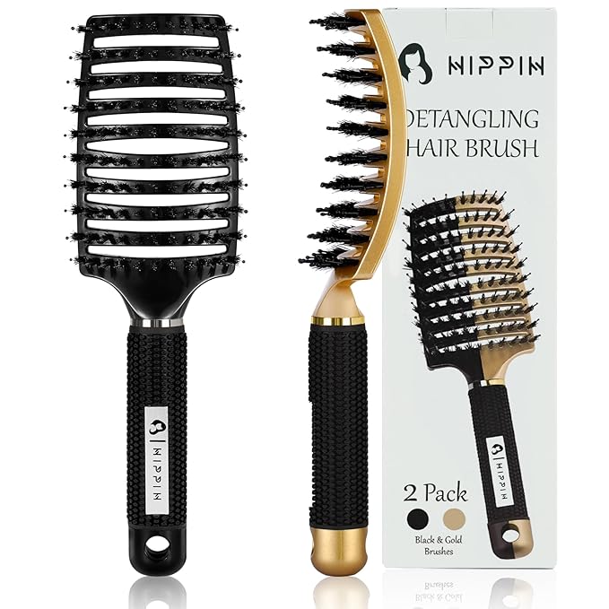 Boar Bristle Hair Brush 2 Pack, HIPPIH Wet & Dry No Pull Curved Vented Hair Brush, Styling Magical Detangler Brush for Kids & Men, Hairbrush for Women Can Adds Shine & Smooth Curly Thick Hair