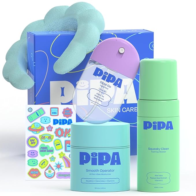 Pipa Skincare Start Young Bundle Gift Set | 3-Step Birthday Gift Skin Care Routine for Kids, Girls & Tweens 8 to 12 | Alcohol-Free & Safe | Includes Foam Face Cleanser, Face Moisturizer & Facial Mist