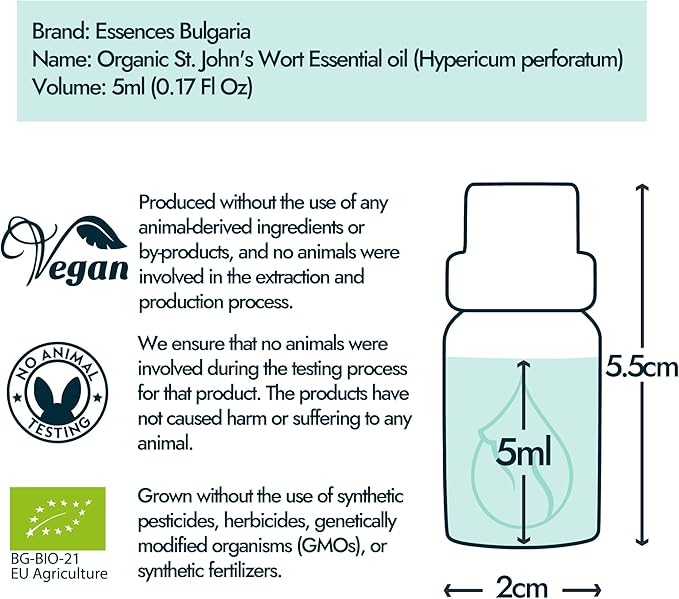 Essences Bulgaria Organic St. John's Wort Essential Oil 1/6 Fl Oz | 5ml | Hypericum perforatum | 100% Pure and Natural | Undiluted | Therapeutic Grade | Family Owned Farm | Steam-Distilled | Non-GMO