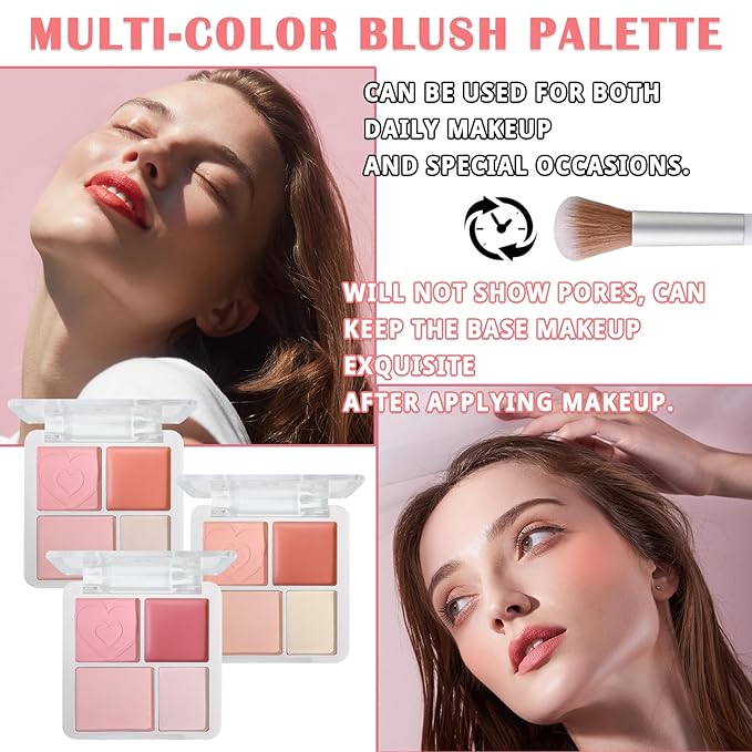 3Pcs 4 Colors Blush Palette for Cheeks with Make Up Brush, Face Matte Contour Blush Makeup Palette, Buildable Shimmer Facial Cheek Blusher Shades, Blendable Cosmetic Makeup Blush