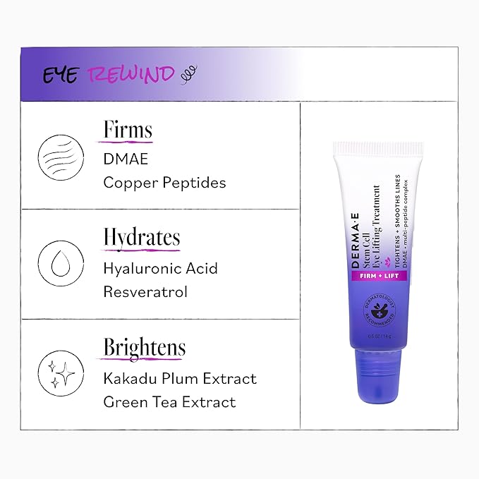 Derma E Stem Cell Lifting Eye Treatment – Multi Action Firming and Tightening Under Eye and Upper Eyelid Cream - Hydrating and Revitalizing Moisturizer, 0.5oz