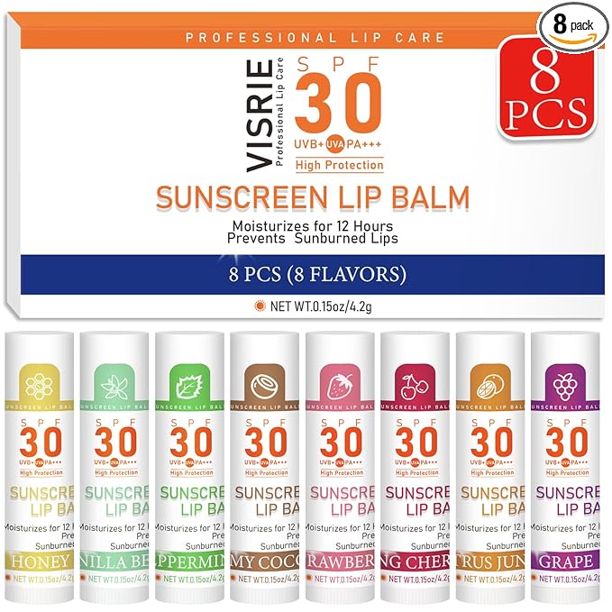 VISRIE SPF 30 Lip Balm with Sunscreen, 8 Pack - 8 Flavors, Hydrating Lip Balm with Vitamin E and Coconut Oil