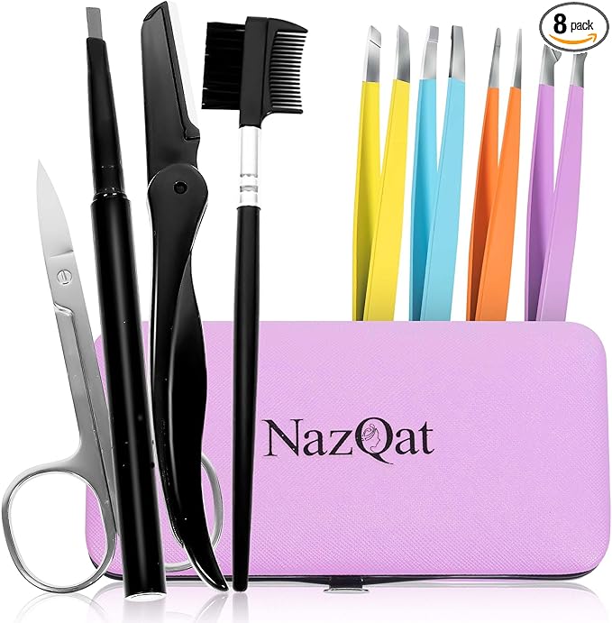 Exquisite 8-in-1 Eyebrow Kit for Women & Men – Luxury Eyebrow Grooming Kit with 4 Precision Tweezers For Eyebrows, Eyebrow Razor, Eyebrow Scissors, Eyebrow Brush/Comb & Pencil with Padded Case