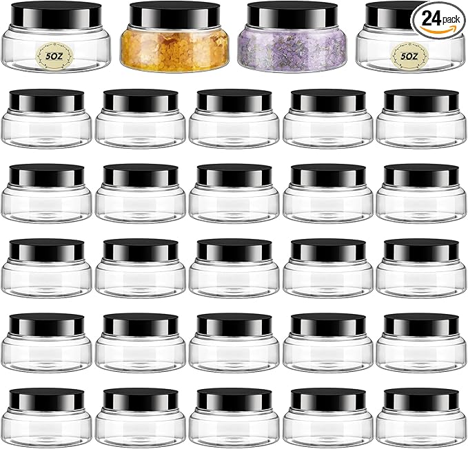 Tessco for you 24 Pack Plastic Jars with Lids Labels Multiuse Slime Containers Empty Body Scrub Jars Round Refillable Cosmetic Body Butter Container for Makeup (5 oz,Clear,Black)