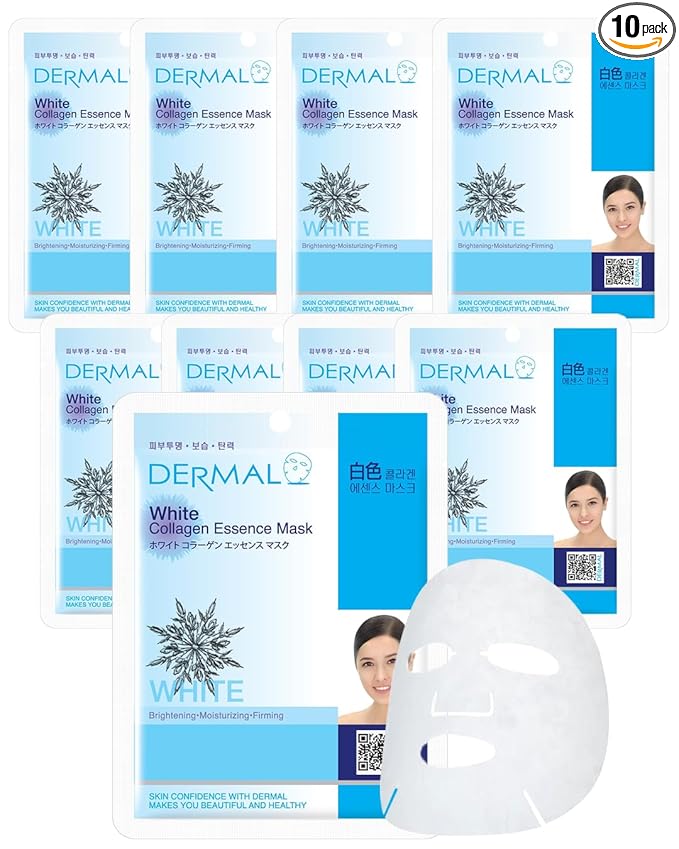 DERMAL White Collagen Essence Full Face Facial Mask Sheet 23g Pack of 10
