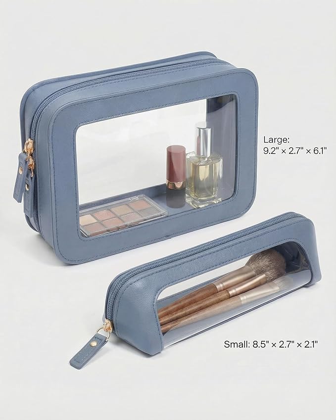 LETGO Clear Makeup Bag Set, Waterproof PU Leather Portable Makeup Bag Holder with Transparent Window, Travel Lipstick Case Pouch Car Organizer and Storage for Cosmetics (2Pack-Standard&Slim, Blue)
