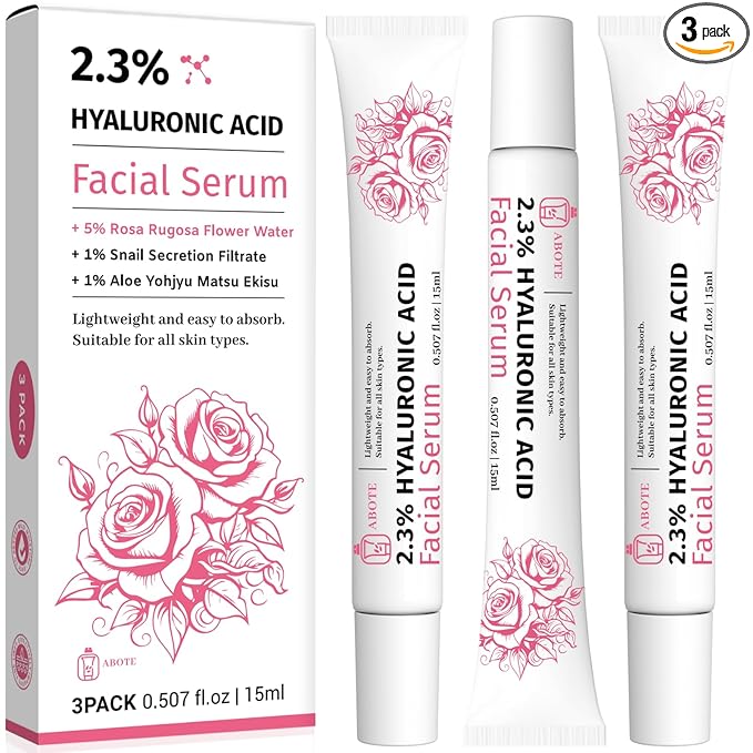 2.3% Hyaluronic Acid Serum for Face with 5% Rosa Flower Water Deep Moisturizing Anti-Wrinkle(3Pack-Each 15g)