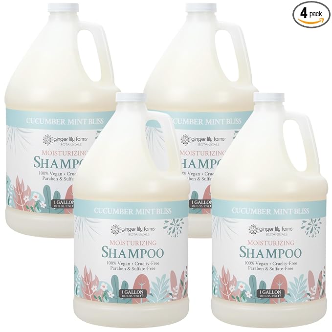 Ginger Lily Farms Botanicals Moisturizing Shampoo for All Hair Types, 100% Vegan & Cruelty-Free, Cucumber Mint Bliss Scent, 1 Gallon (Pack of 4)