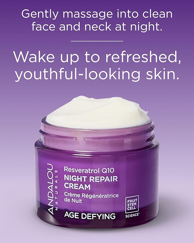 Andalou Naturals Resveratrol Q10 Night Repair Cream, For Dry Skin, Fine Lines & Wrinkles, For Softer, Smoother, Younger Looking Skin, 1.7 Ounce