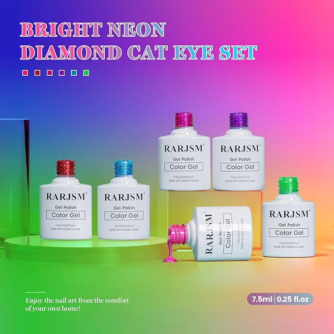 RARJSM Neon Cat Eye Gel Polish Set 6 Pcs Sparkle Diamond Glitter Hot Pink Rose Red Fuchsia Purple Ocean Navy Blue Green Fluorescent Velvet Ice Cateye Gelpolish with Magnet Stick Curing Requires