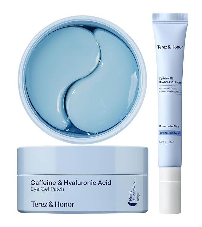 TEREZ & HONOR Caffeine & Hyaluronic Acid Under Eye Patches for Dark Circles with 8% Caffeine Eye Cream - Eye Care 2 Step Kit, Dermatologist Tested Korean Skincare Formula, 60 Pcs + 20mL