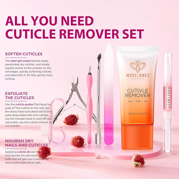Modelones Cuticle Remover Kit Cuticle Remover Liquid & Cuticle Oil Pen Cuticle Care Kit w/Cuticle Trimmer Cuticle Pusher & Cuticle Nipper for DIY Nail Manicure Set Removedor de Cuticula for Nail Care