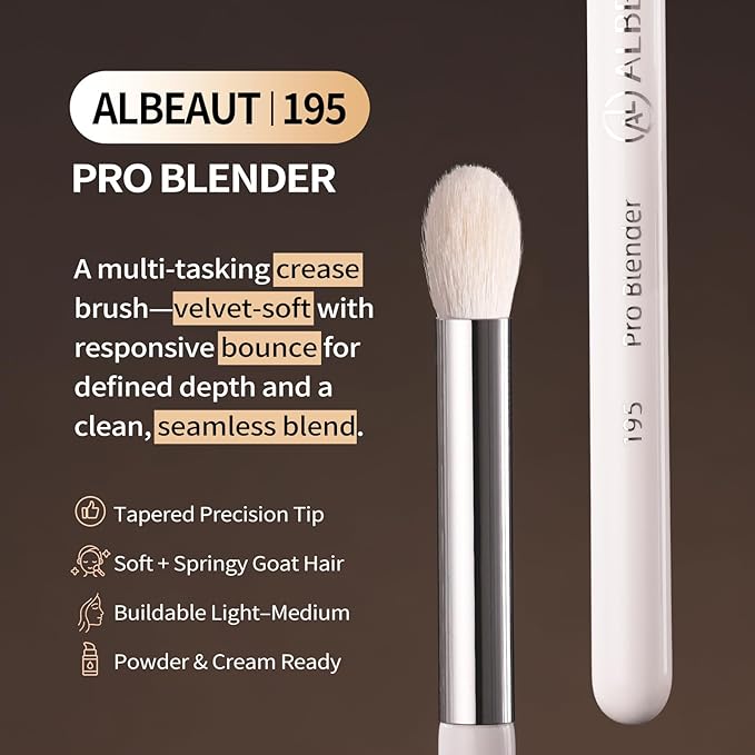 Albeaut Tapered Eye Shadow Brush, Medium Powder Eyeshadow Blending Brush for Crease, Fluffy Eye Makeup Tool for Women and Girls (195 Pro Blender)
