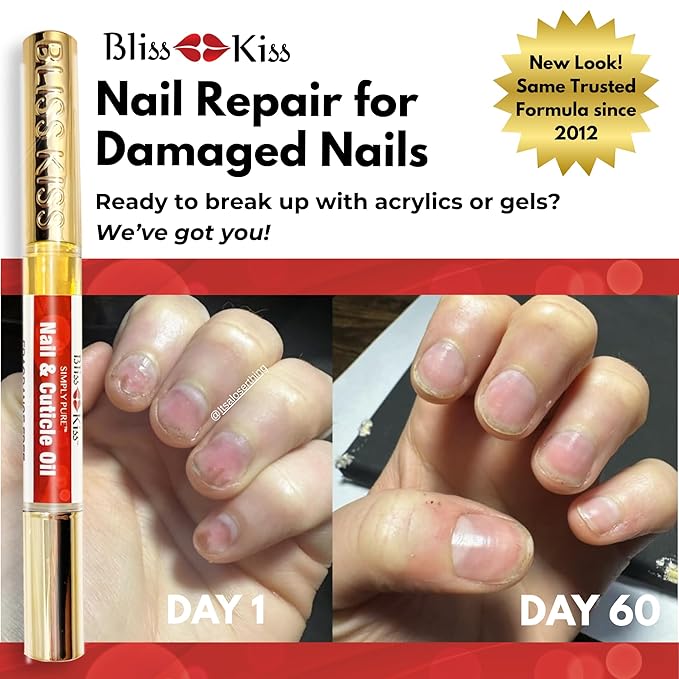 Bliss Kiss Fragrance Free Nail Oil Cuticle Pen with Vitamin E & Jojoba - Nail Strengthener Nail Growth Serum for Brittle Peeling Breaking Thin Nails