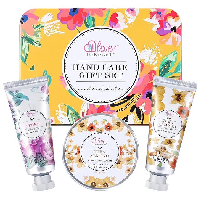 BODY & EARTH # LOVE Hand Cream Gifts Set for Women,Mothers Day Gifts for Mom,Teacher Appreciation Gifts,Nurses Week Gift,Hand Care Set with 2 Hand Cream & Exfoliating Cream,Hand Lotion Travel Size