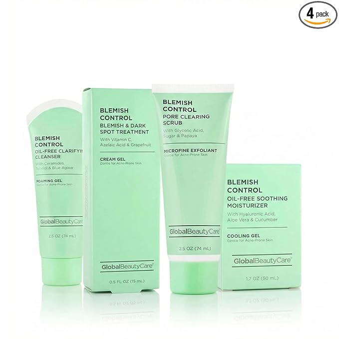 Global Beauty Care Blemish Control Skincare 4-Piece Kit- Facial Cleanser (2.5oz), & Scrub (2.5oz), Spot Treatment (0.5oz) & Facial Moisturizer (1.7oz)– Retinol, Vitamin C, Hyaluronic & Glycolic Acid