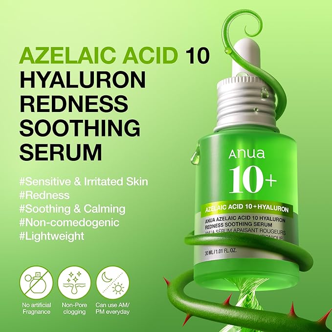 Anua Azelaic Acid 10 Hyaluron Redness Soothing Serum, Facial Serum for Blemish-Prone & Oily-Prone Skin, Lightweight & Hydrating Blemish Care, Hyaluronic Acid, Korean Skincare, 1.01 fl oz.