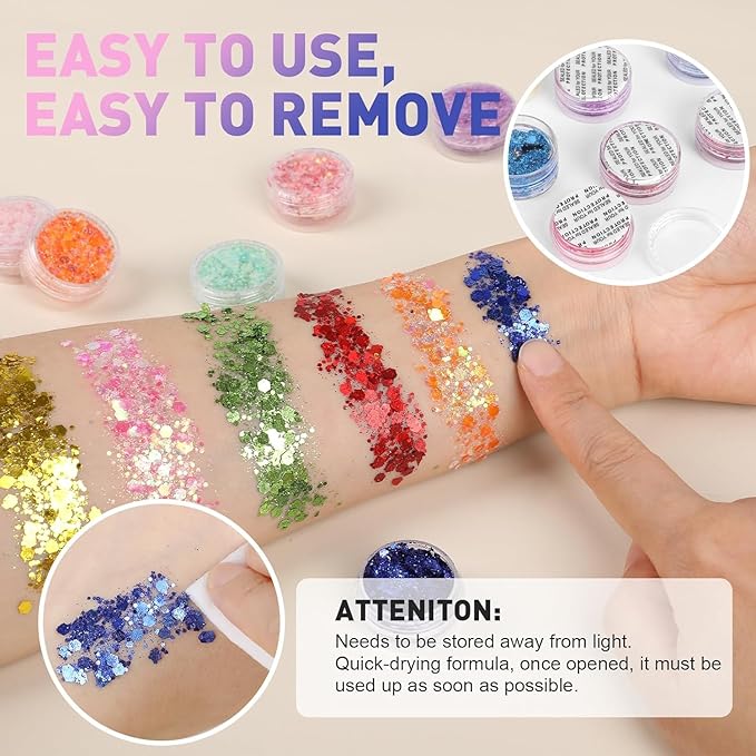 AROIC 40 Colors Body Glitter, Mardi Gras Accessories Hair Glitter for Kids Women Glow in The Dark, Eyeshadow Face Sparkles, Makeup Festivals, Raves, Cosplay, Concerts Face Paint St Patricks Day Gifts