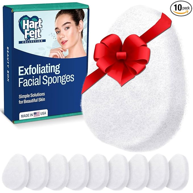 HartFelt [10 Pack] Regular Exfoliating Facial Sponge for Face - Daily Cleansing Scrubber - Buf Dirt Away with Puf Styled Reusable Face Pads for Removing Makeup, Dirt, and Dead Skin - Made in USA