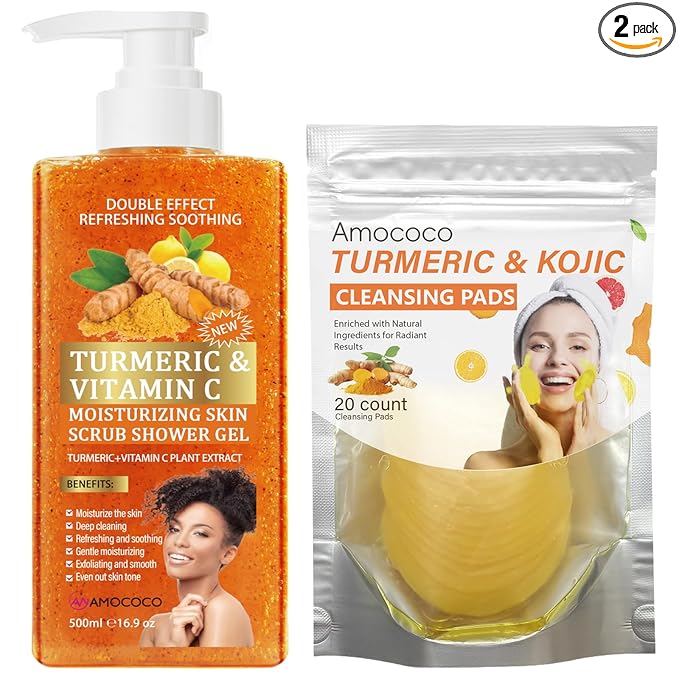 Turmeric Skincare, Vitamin C Body Wash with Cocoa Scrub & Kojic Acid Cleansing Face Pads, Daily Face & Body Cleanse Set, 16.9 fl oz & 20 Count