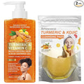Turmeric Skincare, Vitamin C Body Wash with Cocoa Scrub & Kojic Acid Cleansing Face Pads, Daily Face & Body Cleanse Set, 16.9 fl oz & 20 Count