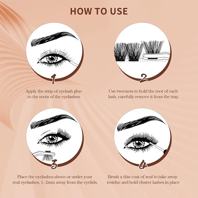 QUEWEL Lash Clusters Kit 144 Pcs Eyelash Clusters, with Applicator Tool, Super Hold Cluster Lashes Bond and Seal, Glue Remover Easy to Apply at Home(Honey01-Kit)
