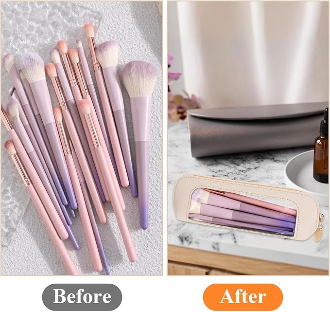 Psyqtsuary Small Clear Makeup Bag, PU Leather Travel Makeup Brush Case Portable Transparent Waterproof Cosmetic Organizer Pouch with Zipper for Women Home Travel Office Cosmetic Storage (Beige)