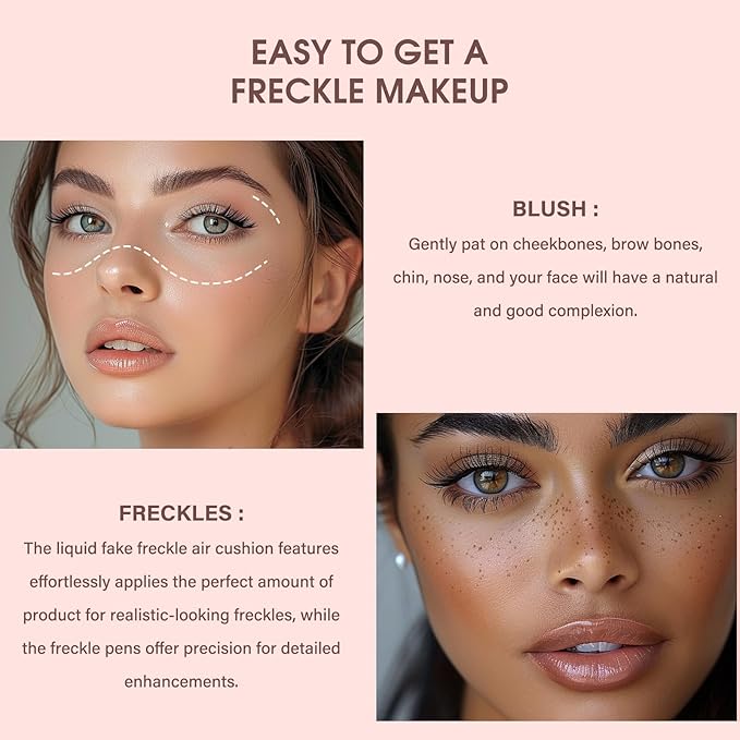 MARBUROLY Natural Freckle Nude Warm Blush Makeup Kit- Liquid Fake Freckle Air Cushion, 2 Colors Freckle Pen, Powder Cushion Blush, Waterproof Long Lasting Freckles Marker for Cheek