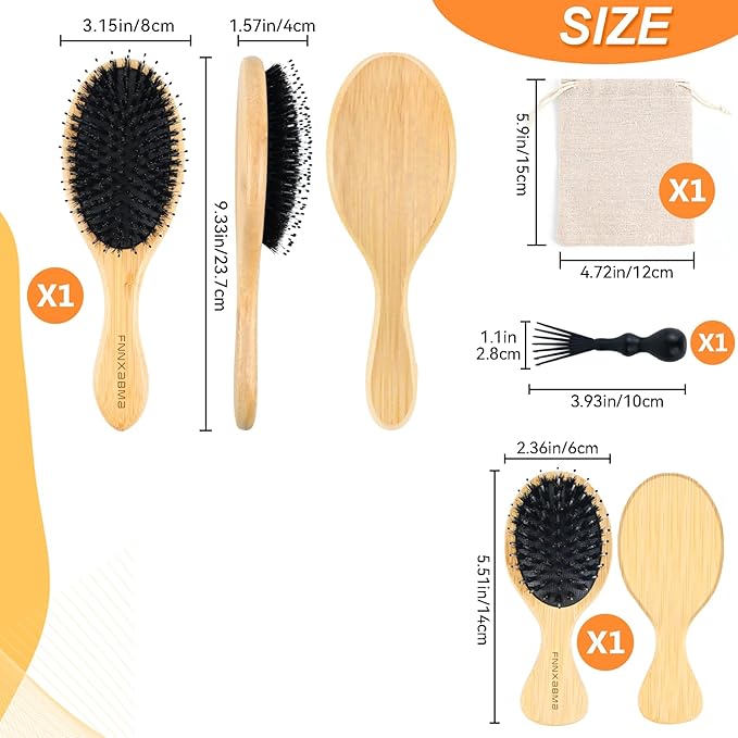 Boar Bristle Hair Brush 2PCS - Smoothes & Detangles All Hair Types, Boar & Nylon Bristle，Smooths Frizz and Prevents Breakage in Fine and Straight, for Women Men and Kids