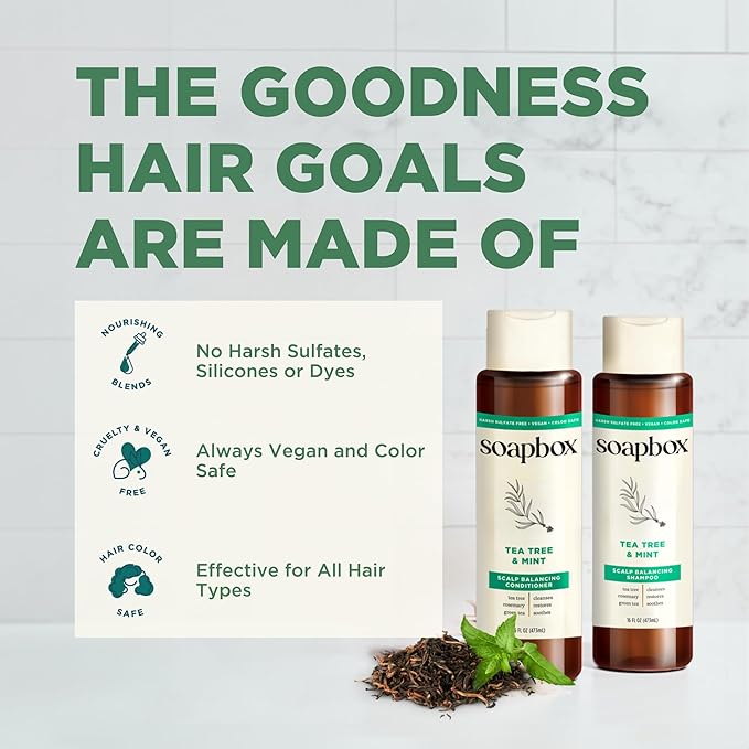 Soapbox Tea Tree Oil & Mint Shampoo & Conditioner Set, Leaves Hair & Scalp Balanced & Soothed - Clean Ingredients Free of Harsh Chemicals, Sulfates, Parabens & Silicones - 16 oz Each
