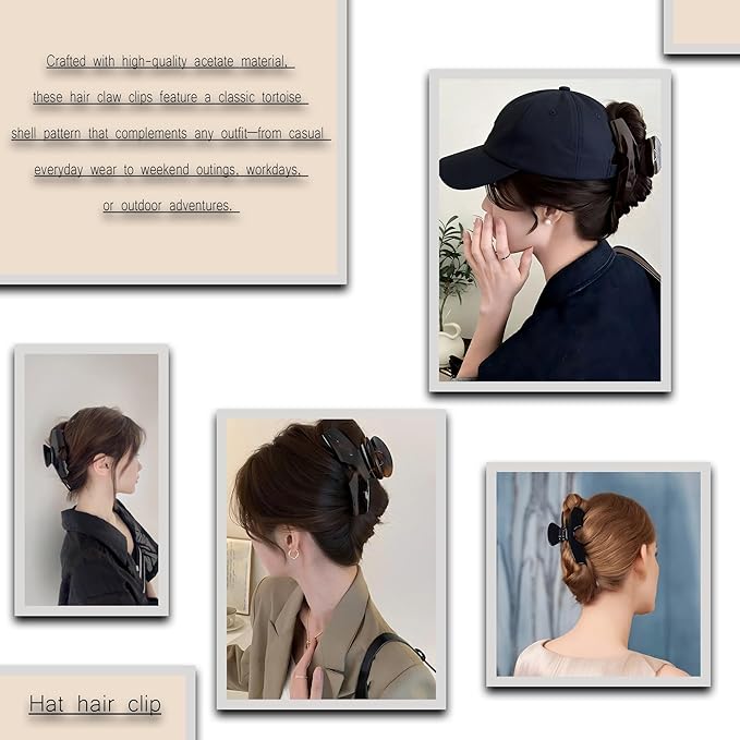 3PCS Large Hat Claw Clip for Women Acetate Tortoise-Shell Claw Clips for Styling Long, Thick, Thin Hair Non-Slip, Strong Hold Can be Used as a Hat Accessory During Exercise