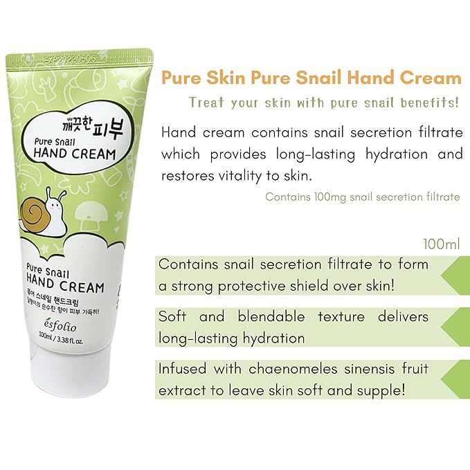 esfolio Pure Skin Snail Hand Cream – Deep Moisturizing & Restoring Hand Lotion with Snail Mucin, Hydrating & Nourishing for Dry Skin – Non-Greasy, Fast Absorbing (3.38 OZ/100ML)