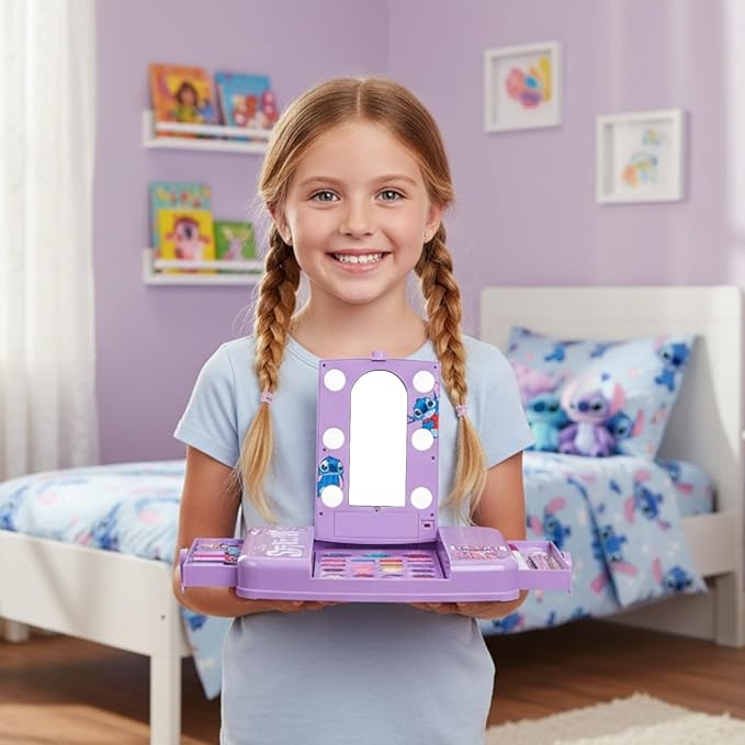 Disney Stitch Beauty Vanity Set with Light-Up Mirror, Includes Lip Gloss, Eyeshadow, Blush, Brushes, Nail Polish, Accessories, Batteries Not Included, Ages 13+, for Gift-Giving, by Townley Girl