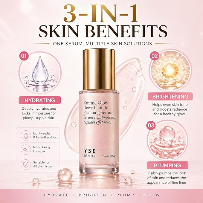 Yse Beauty Dewy Peptide Plumping Serum - Xtreme Glow Formula Smooths Wrinkles and Fine Lines, Hydrating Brightening Plumping Serum for Radiant Skin, 1 Fl Oz