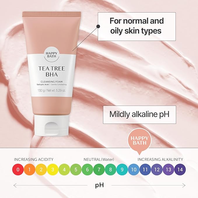 HAPPY BATH Tea Tree Facial Cleanser, Exfoliating BHA Face Wash with Salicylic Acid&Tea Tree Extracts, Combination to Oily Skin, Korean Foaming Face Cleanser, Gentle Formula for Daily Use, 5.29 Fl Oz.